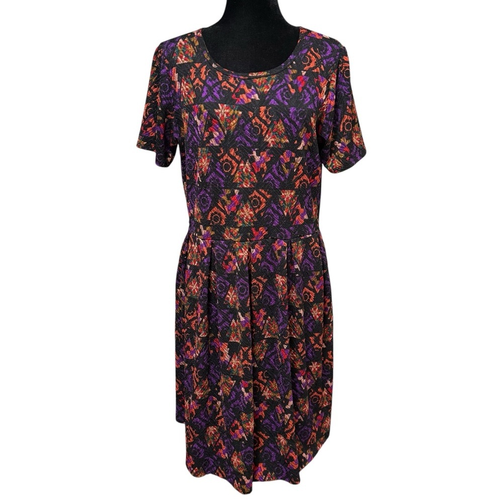 LuLaRoe Tribal Geometric Fit & Flare Dress 2XL Textured Knit Pockets Zip Back